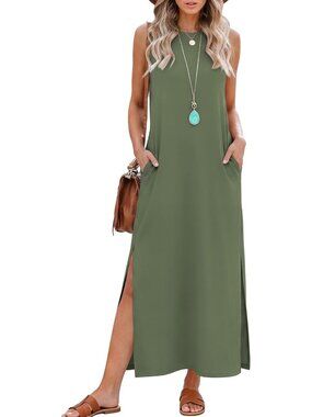 Women's Army Summer Maxi Long Dress Sleeveless Side Slit Casual With Pockets